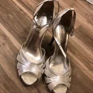 Silver peep toe heels